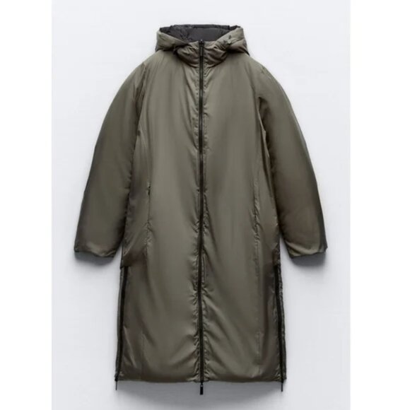 New Zara Long Reversible Puffer Anorak Black/Green Puffer Jacket Coat XS NWT - Picture 9 of 15